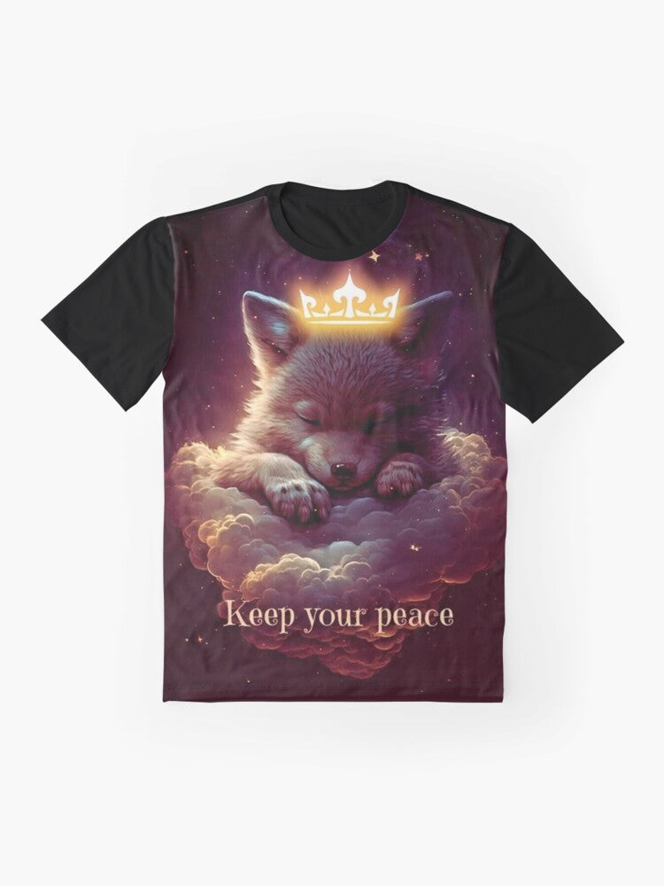 A stunning graphic t-shirt featuring a majestic wolf artwork design - Flat lay