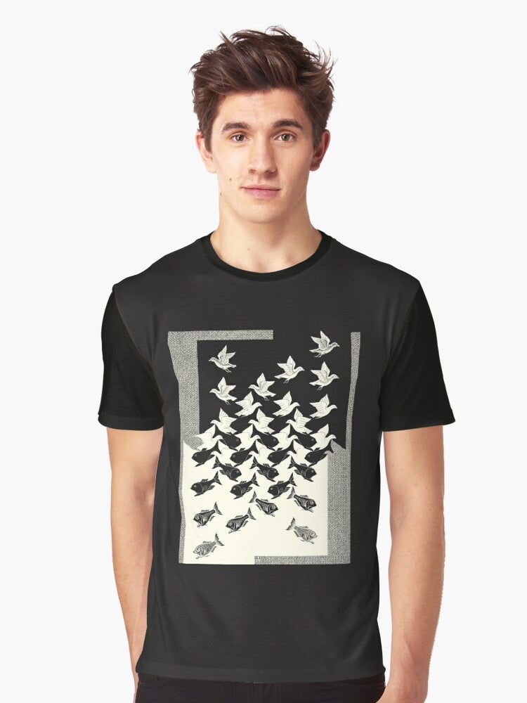 Vintage graphic t-shirt featuring M.C. Escher's "Sky and Water II" artwork with a dark background - Men