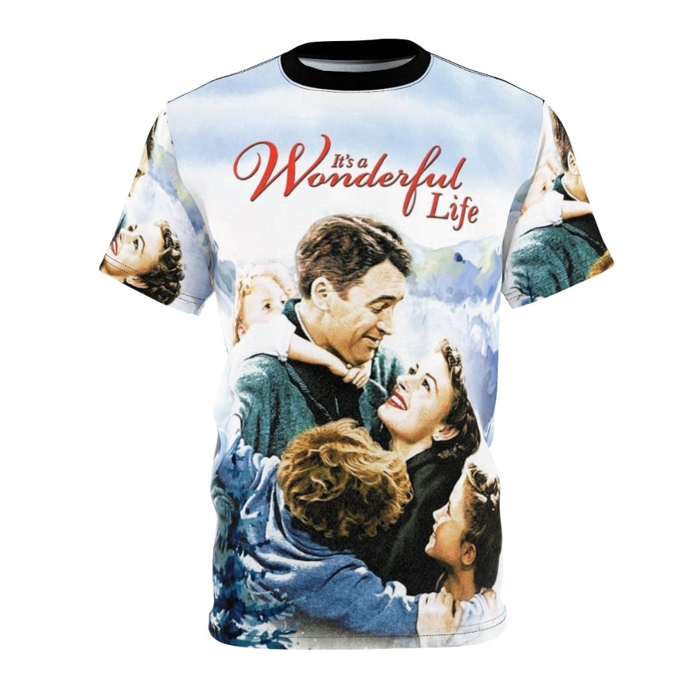 Vintage-style t-shirt design featuring a winter landscape scene inspired by the classic Christmas movie "It's a Wonderful Life"