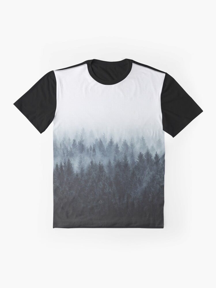 A nature landscape graphic t-shirt featuring trees, fog, and mountains for outdoor adventure and wanderlust - Flat lay