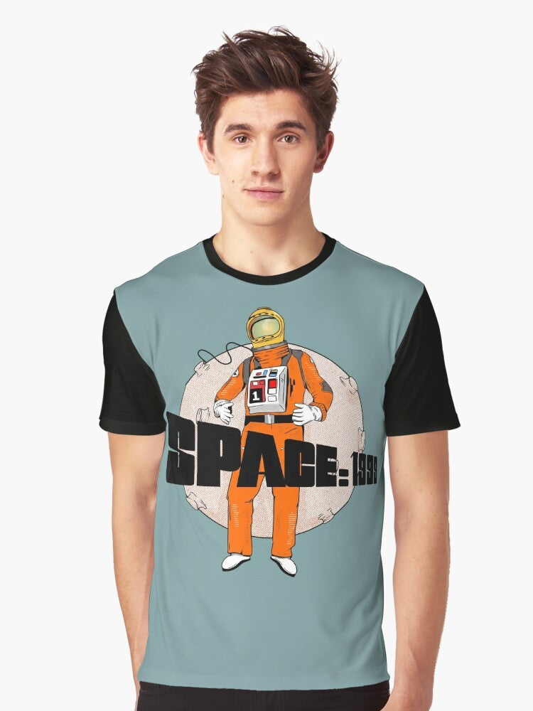 Space 1999 Astronaut Graphic T-Shirt featuring an astronaut in a space suit against a backdrop of planets and the moon - Men