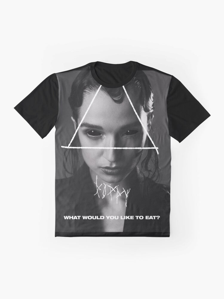 Poppy "What Would You Like to Eat?" graphic t-shirt, featuring the dark, gothic triangle logo and text - Flat lay