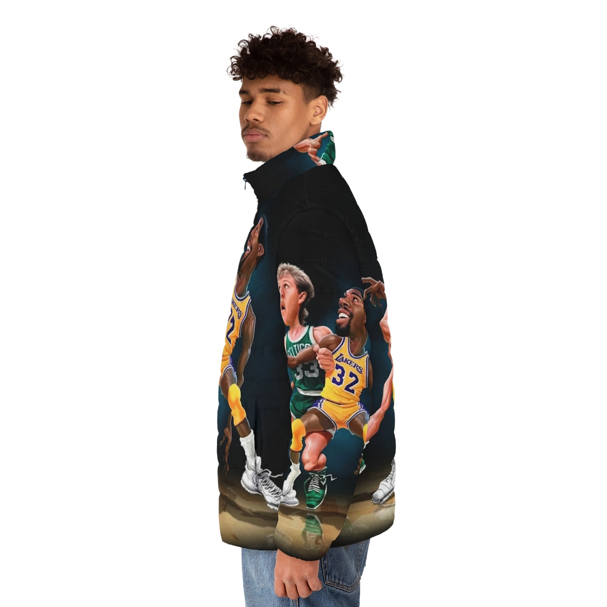 A puffer jacket with a basketball player graphic design - men side left