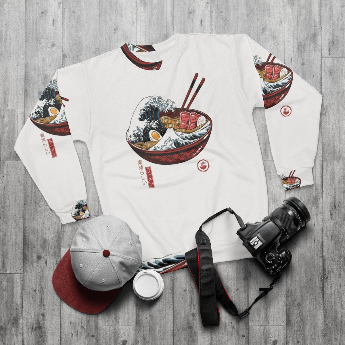 Japanese-inspired 'Great Ramen Wave' design on a white sweatshirt - flat lay