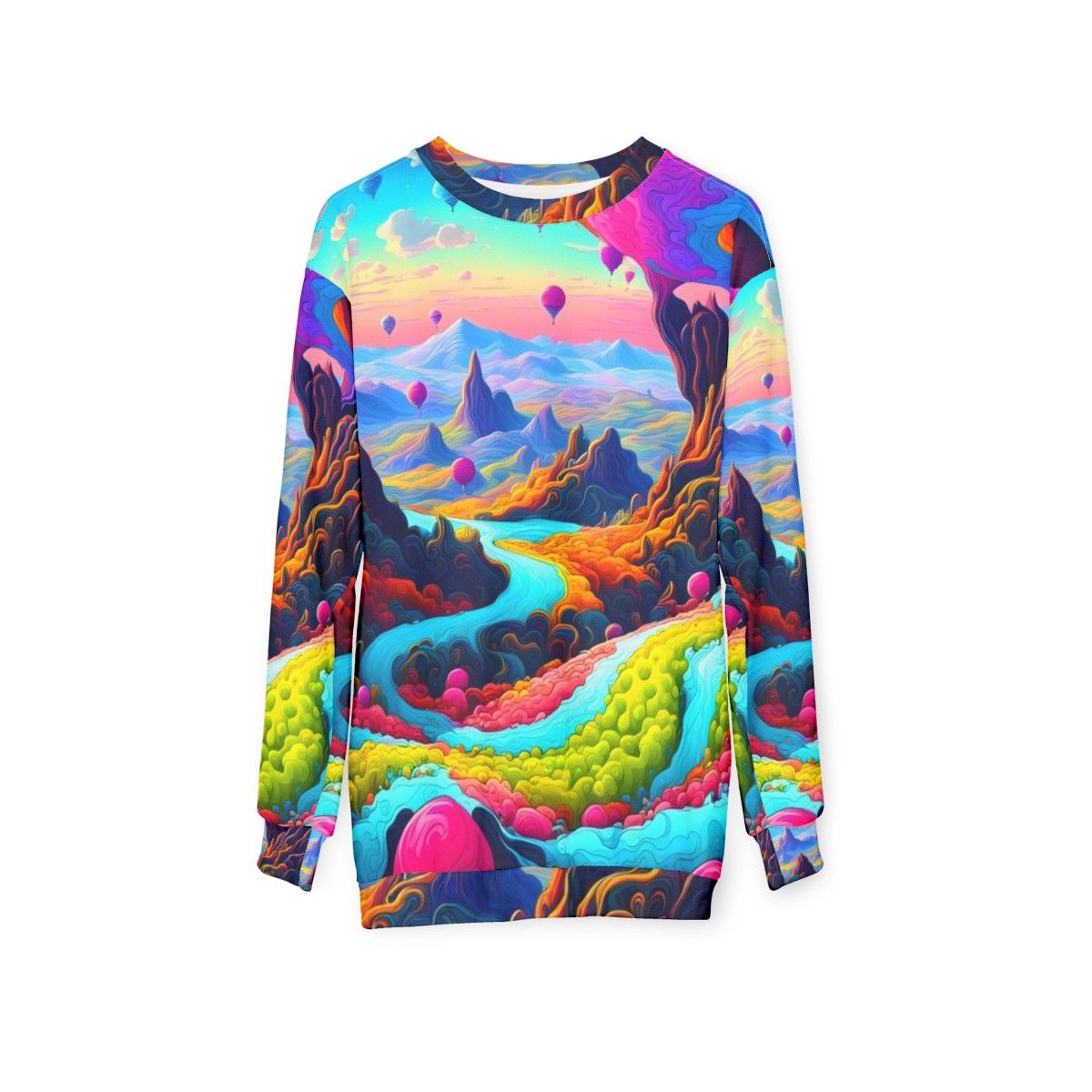 Dreamscape Sweatshirt with Psychedelic, Neon, and Trippy Urban Landscape Design - hanging