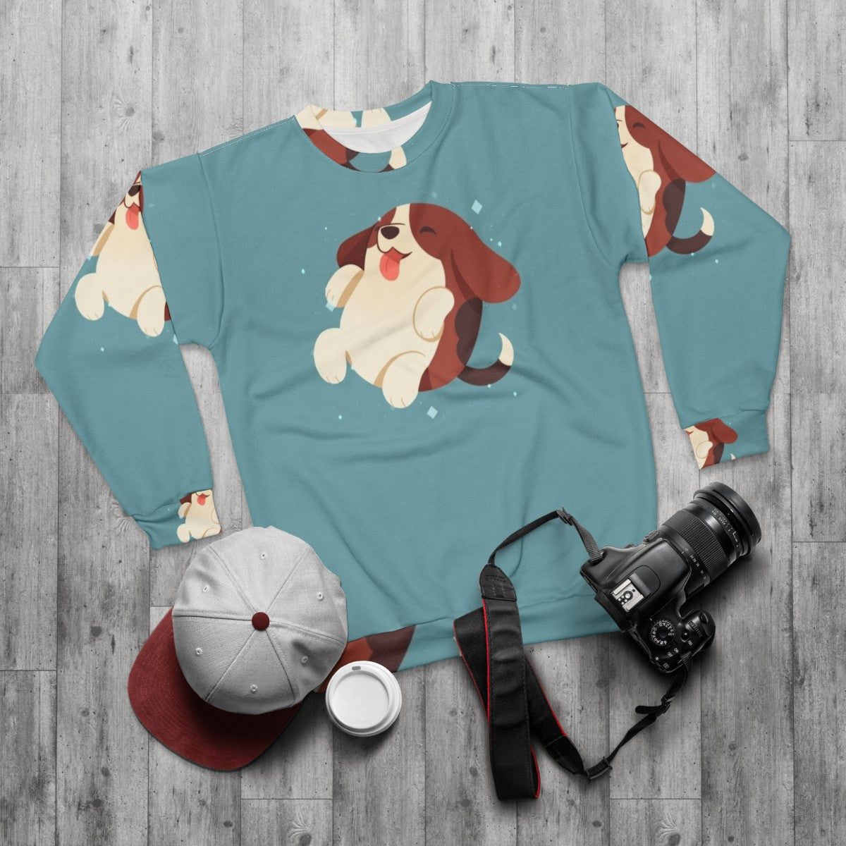 Puppy Beagle wearing a cozy sweatshirt - flat lay