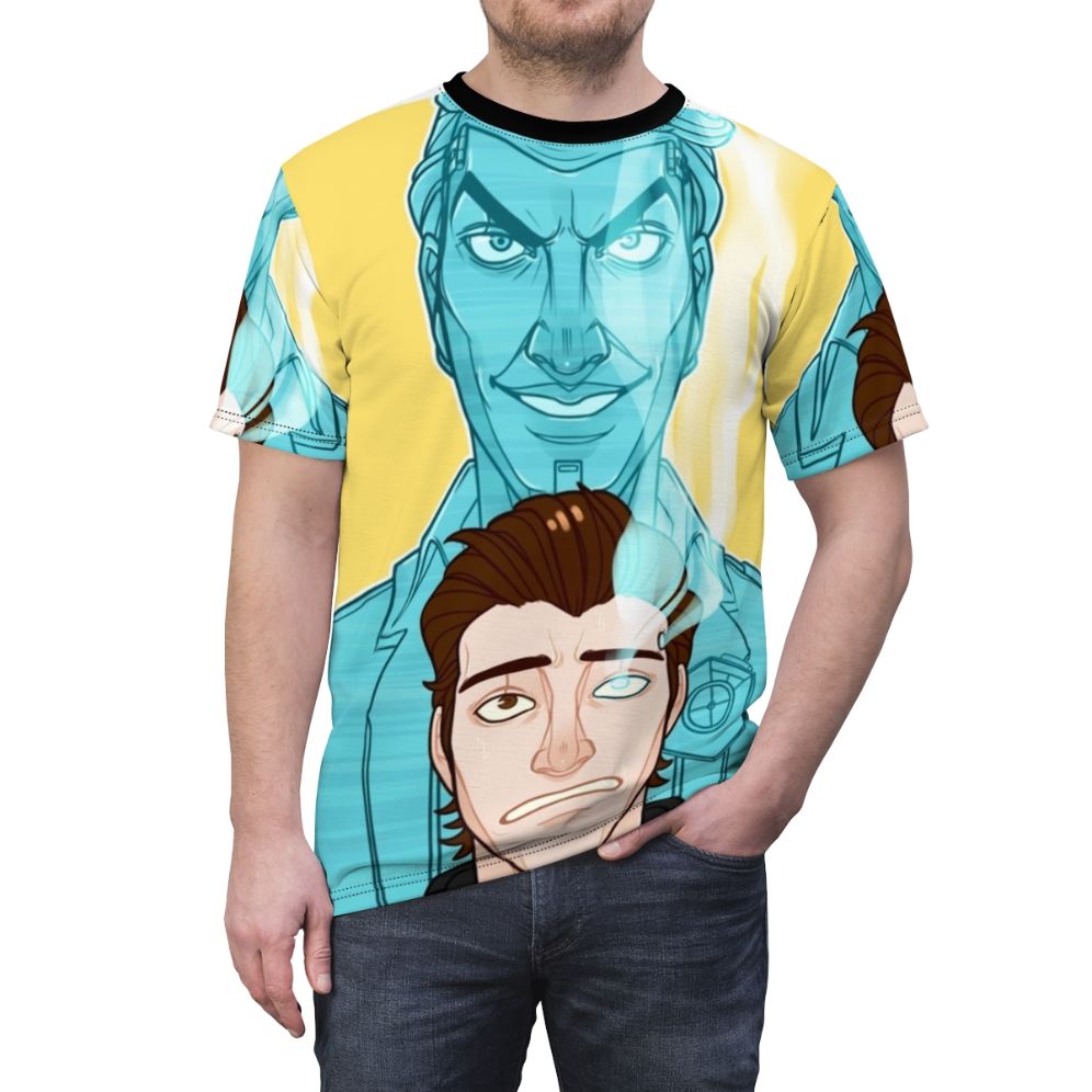 Borderlands-inspired AOP t-shirt featuring character Rhys - men front