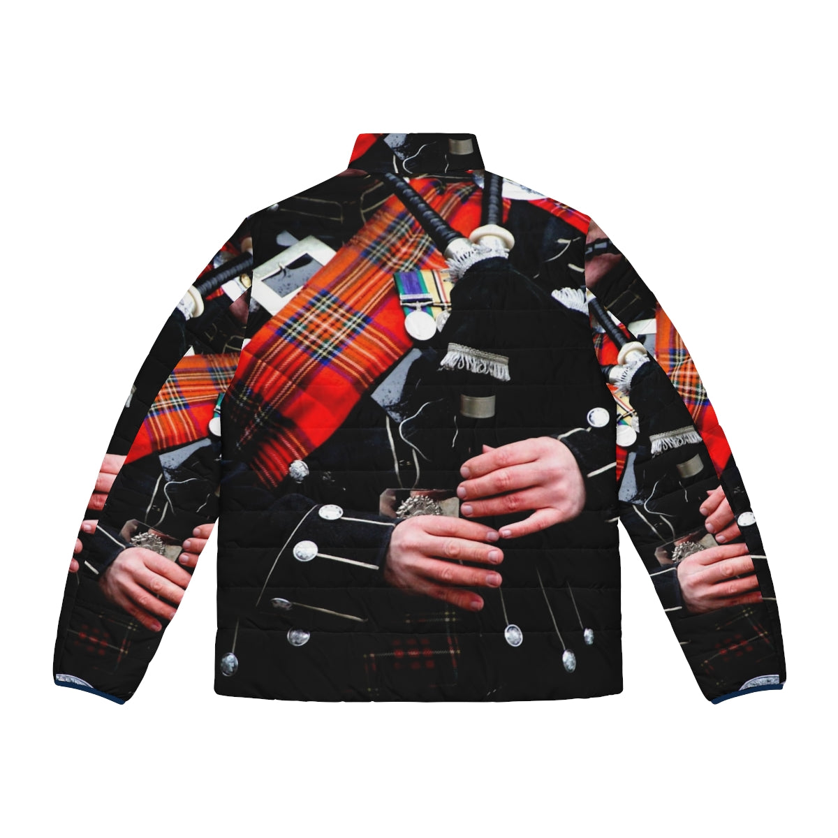 A cozy puffer jacket featuring a tartan and bagpipe design, perfect for celebrating Scottish heritage. - Back