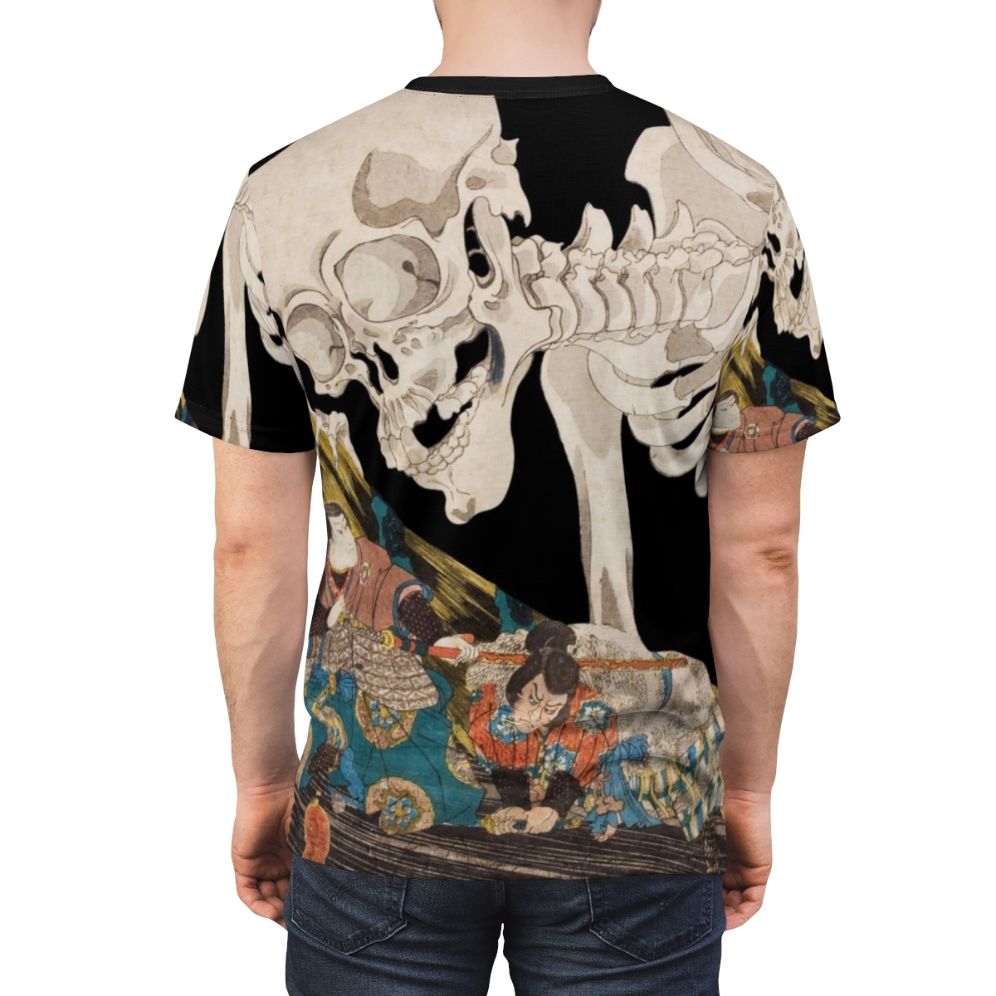 Vintage-style t-shirt featuring a spooky skeleton ghost in the style of traditional Japanese ukiyo-e woodblock prints. - men back