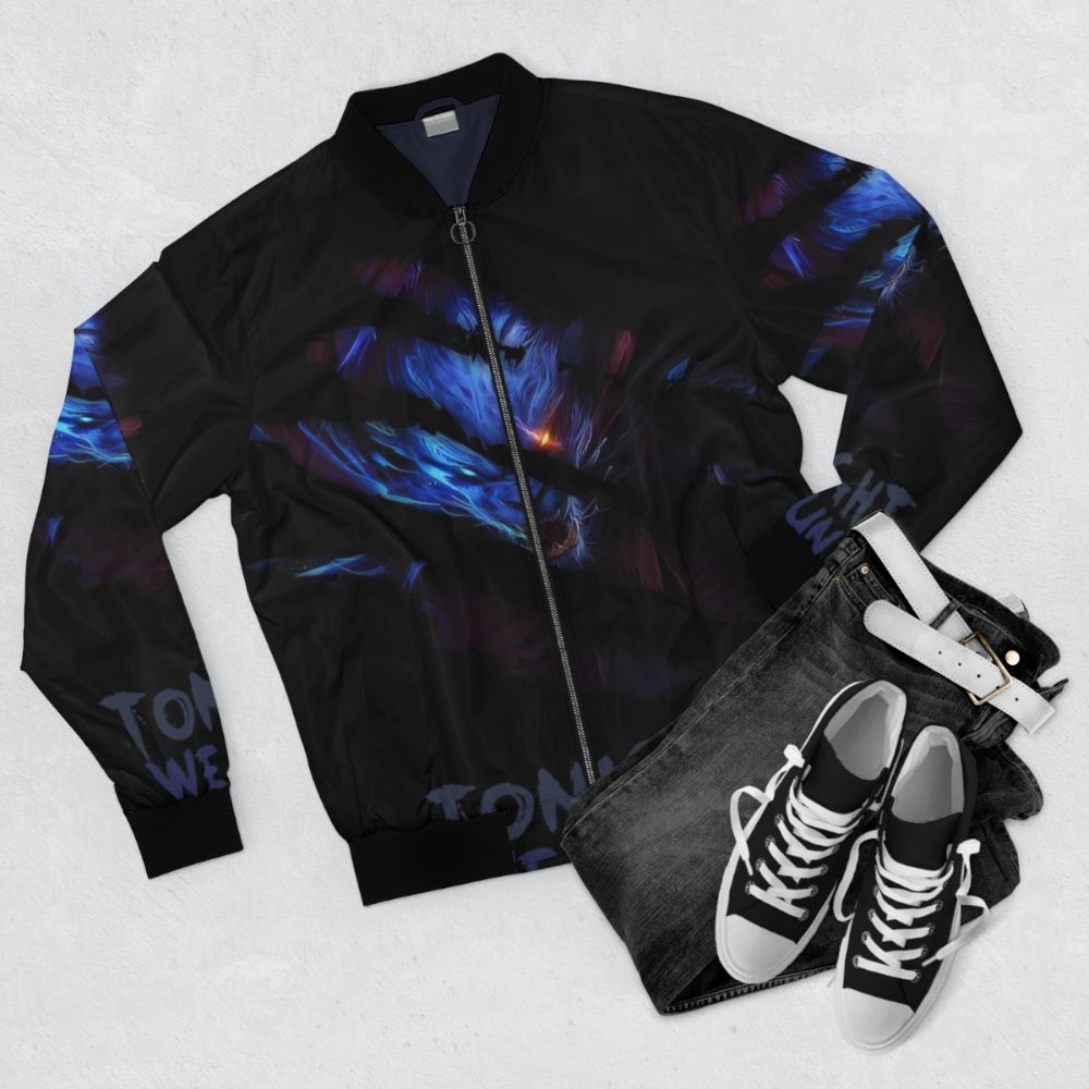 Rengar Bomber Jacket featuring a graphic design of Rengar, the League of Legends champion, with the text "Tonight We Hunt" - Flat lay