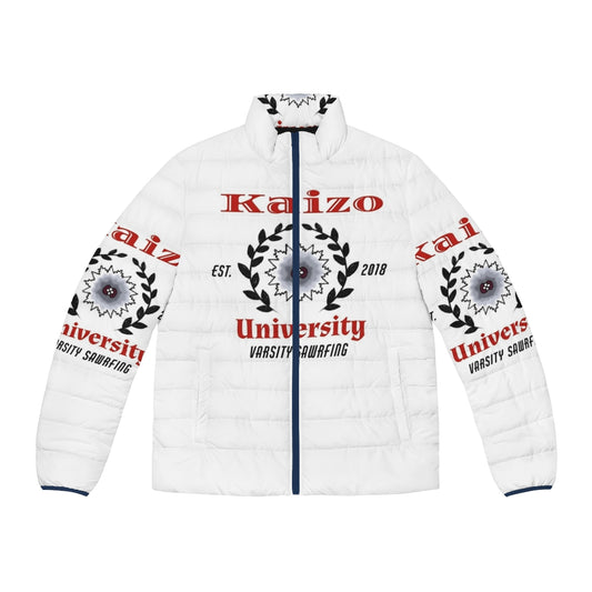 Kaizo Varsity Sawrfing Puffer Jacket, featuring a humorous saw blade design