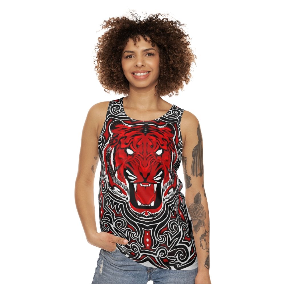 Unisex red tank top with angry tiger Indonesian art design - women