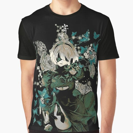 A graphic t-shirt design featuring butterflies and a fantasy garden, inspired by the Nier Automata video game series.