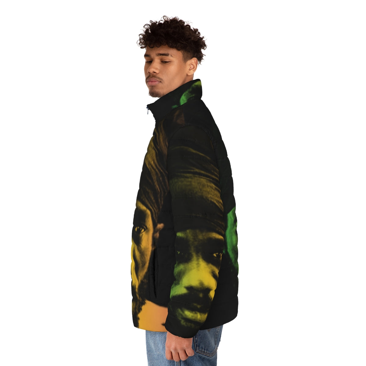 Kalonji Puffer Jacket with Rastafarian design and dreadlock style - men side left