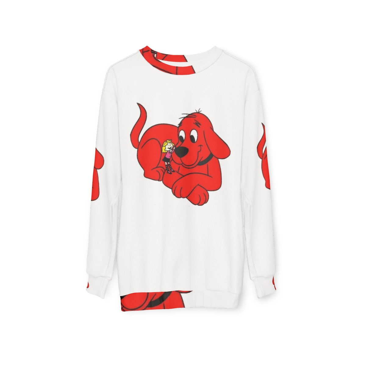 Clifford The Big Red Dog and Emily Elizabeth graphic on a red sweatshirt - hanging