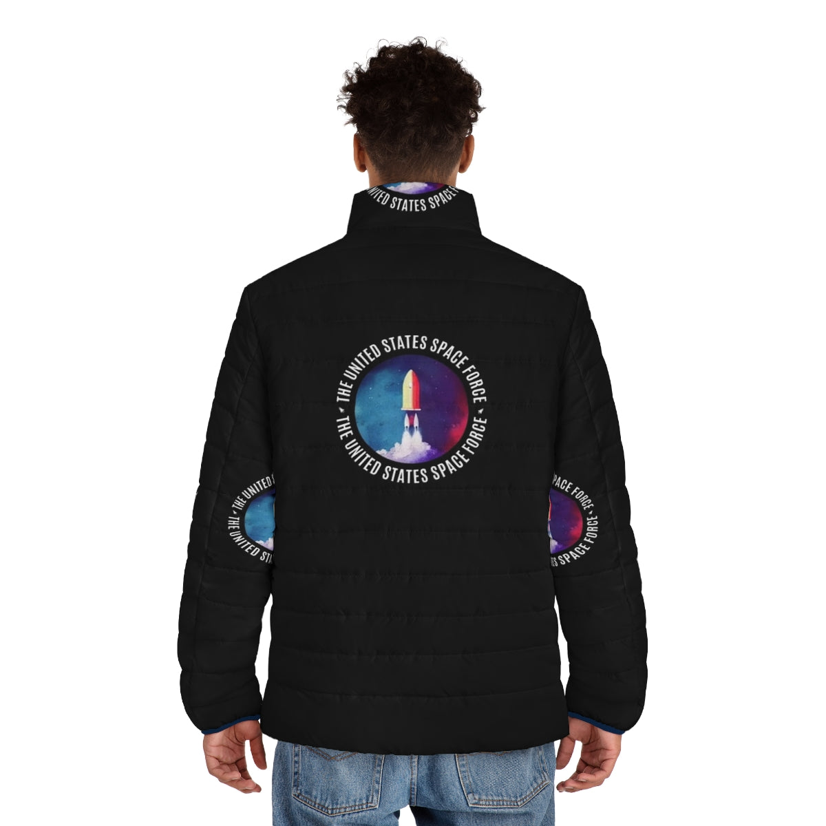 Space Force watercolor logo printed on a navy blue puffer jacket - men back