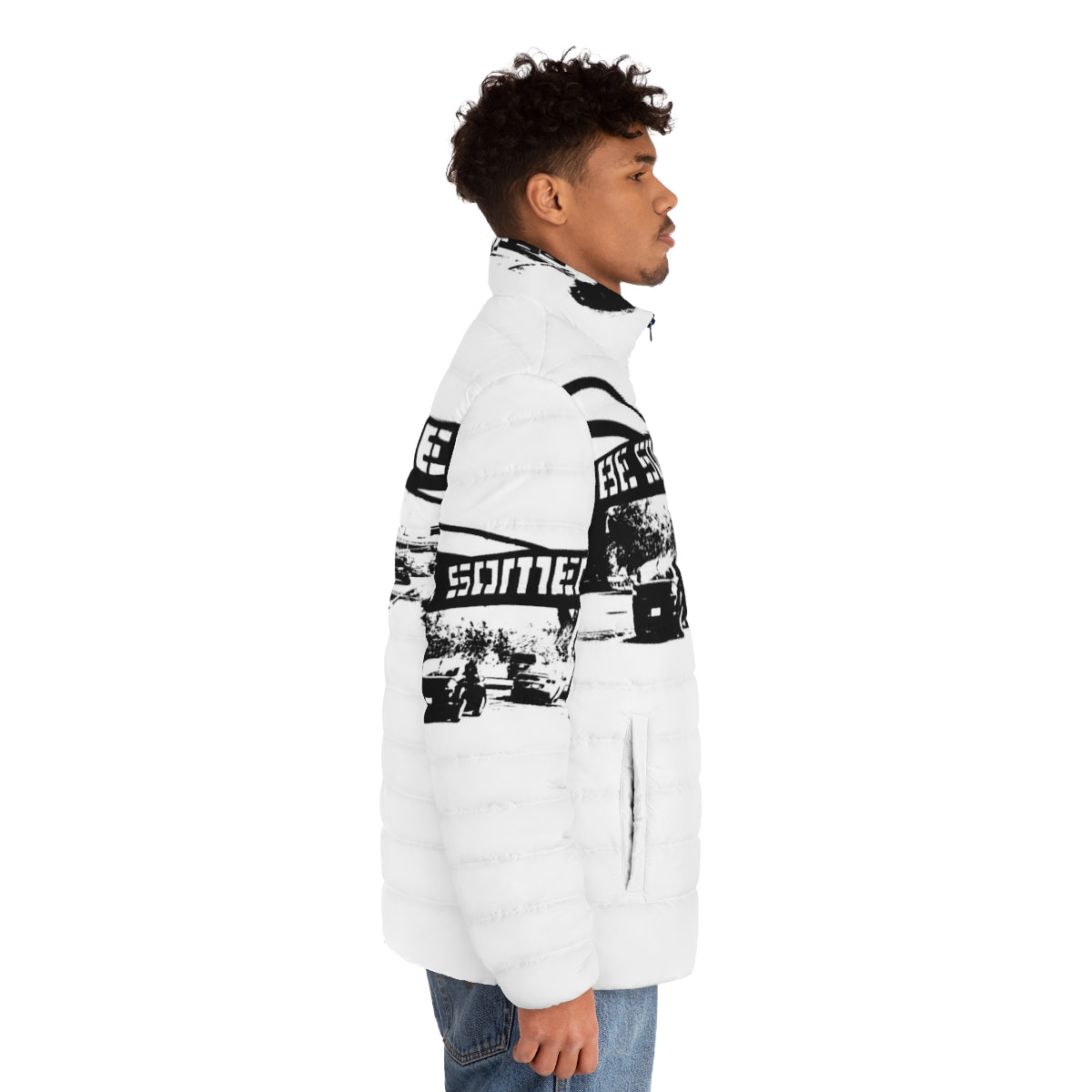 Puffer jacket with "Be Someone" graffiti-inspired design in black and white - men side right