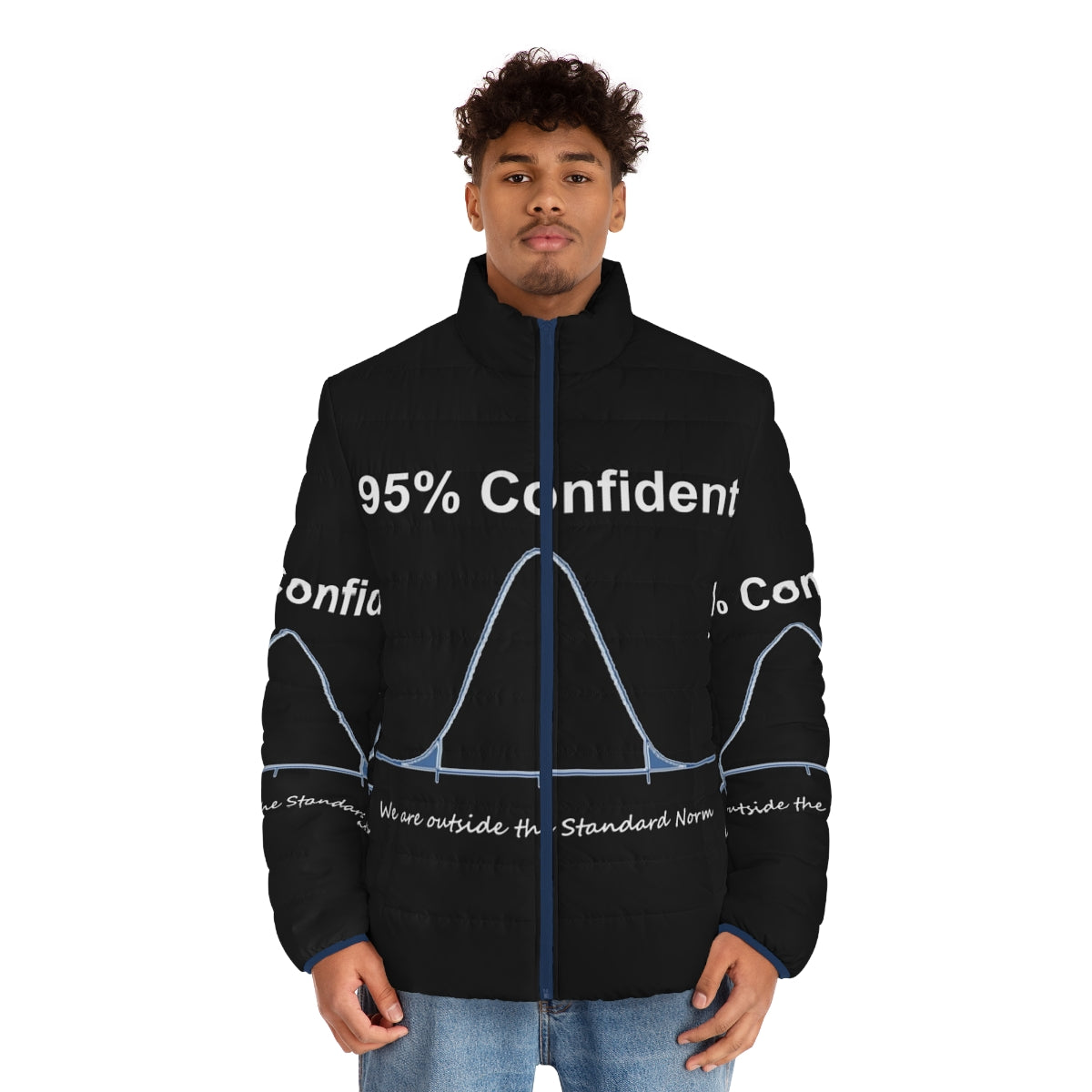 A stylish puffer jacket with a '95% Confident' graphic, perfect for data scientists, math nerds, and tech-savvy individuals. - men front