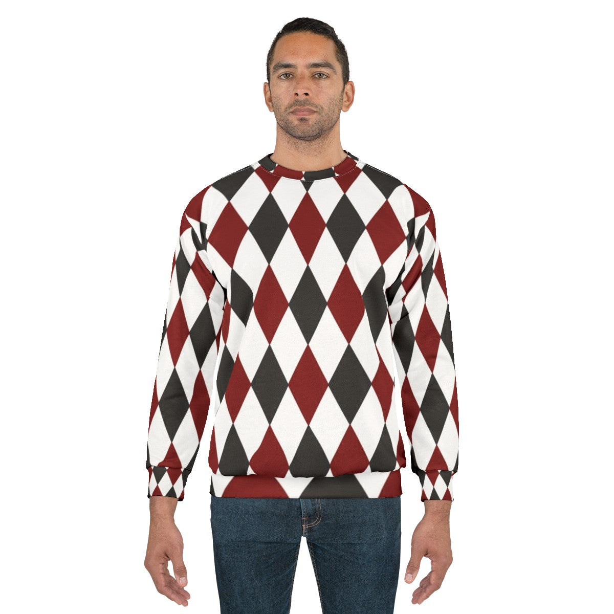 Black, white, and red harlequin diamond pattern sweatshirt - men