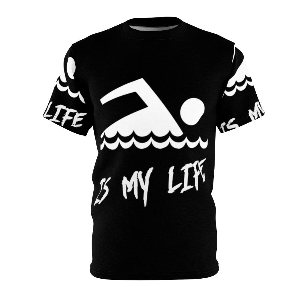 A person wearing a T-shirt with the design "Swimming Is My Life"