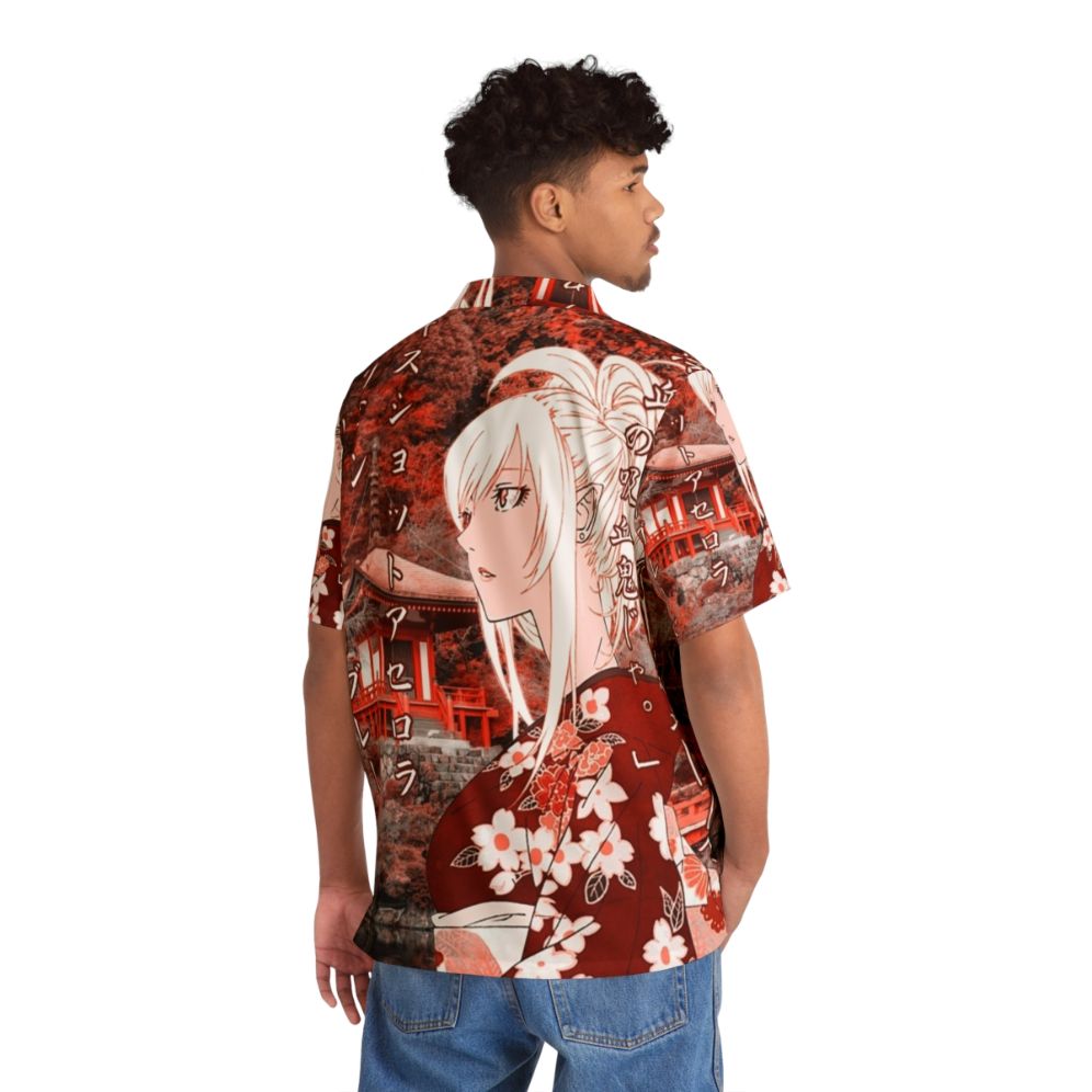 Anime-inspired Hawaiian shirt with Kizumonogatari-themed graphics - Flat lay