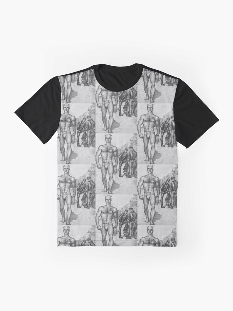 Tom of Finland inspired graphic t-shirt featuring a muscular gay man - Flat lay