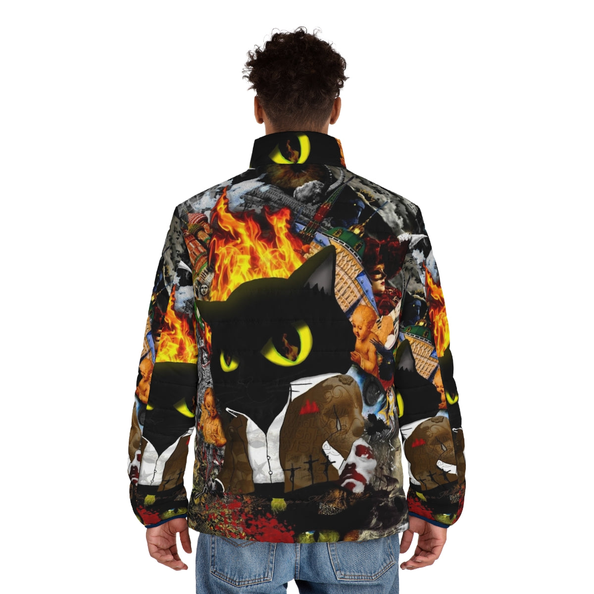 Cat-inspired puffer jacket featuring Behemoth, a character from Mikhail Bulgakov's "The Master and Margarita" - men back