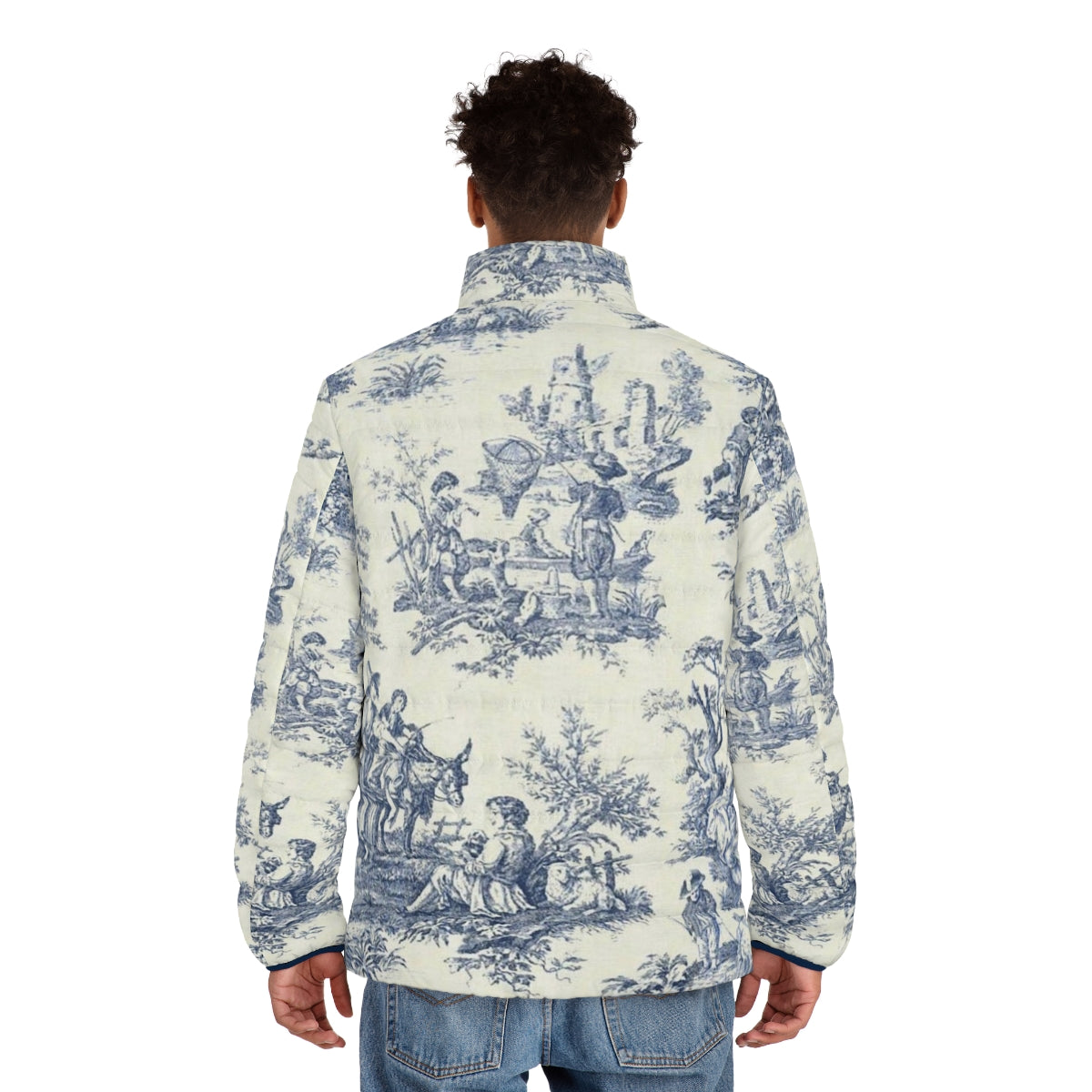 Powder blue puffer jacket with vintage French toile and floral designs - men back