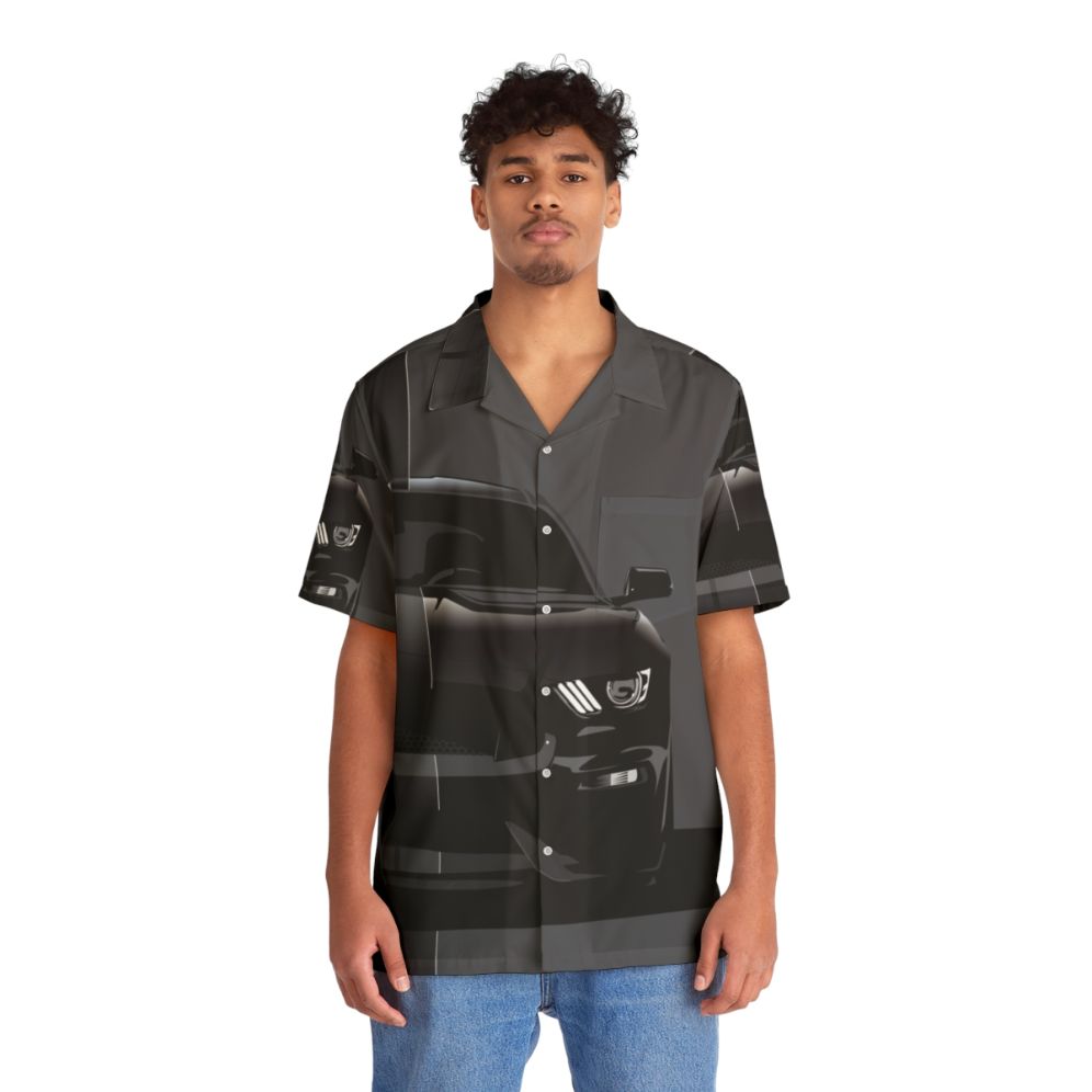 Black Ford Performance Hawaiian Shirt with Racing Stripes - People Front