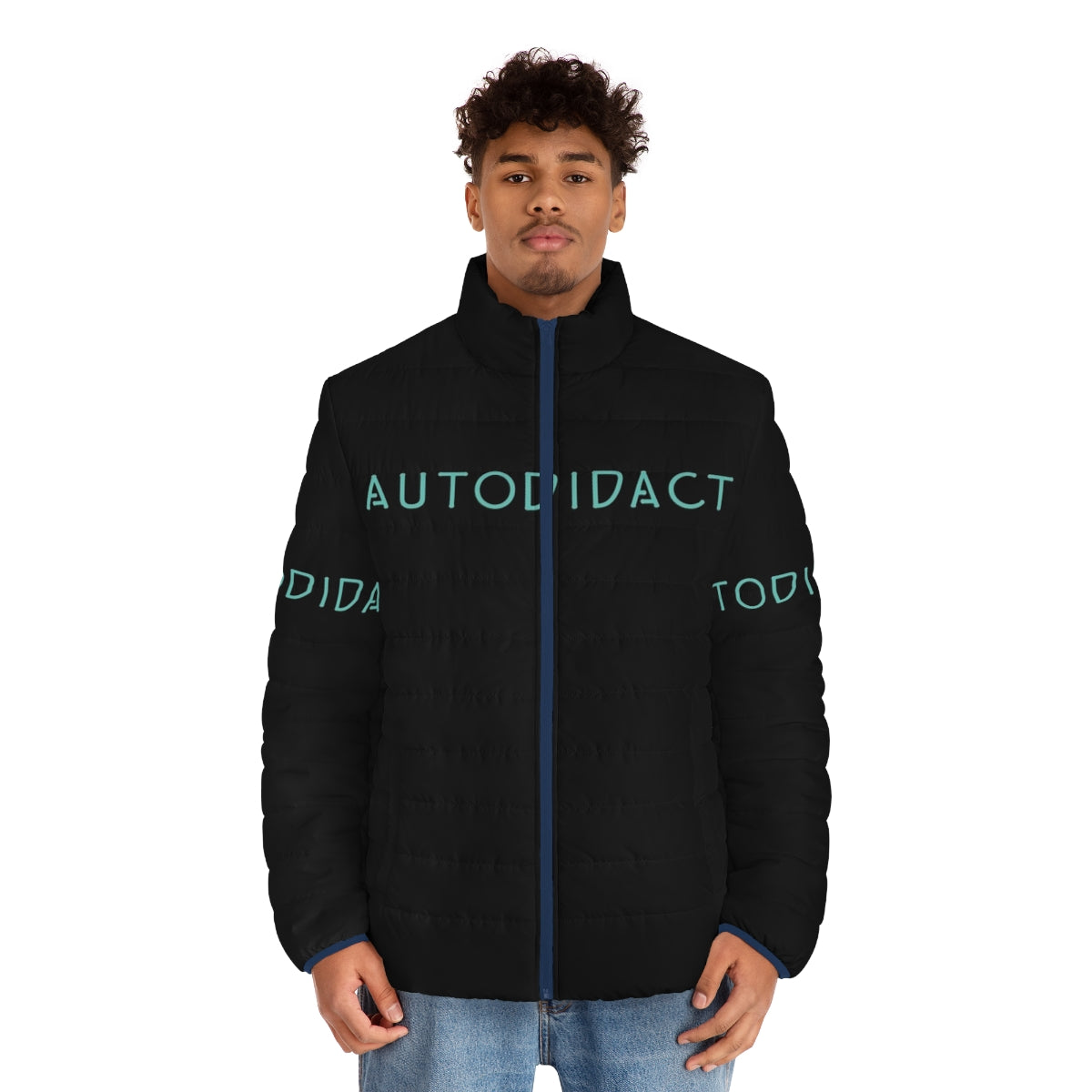 Puffer jacket with text design for autodidact lifelong learners - men front