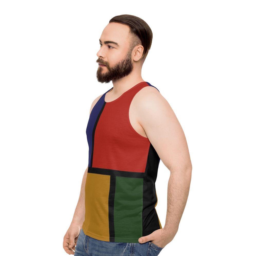 Colorful, geometric Mondrian-inspired unisex tank top - men side