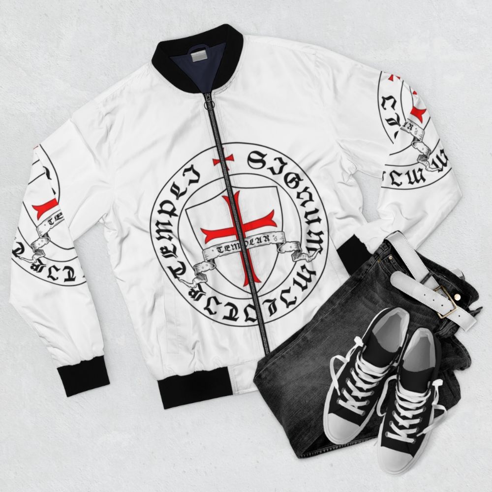 Knights Templar Crusader Bomber Jacket with Holy Grail Emblem - Flat lay