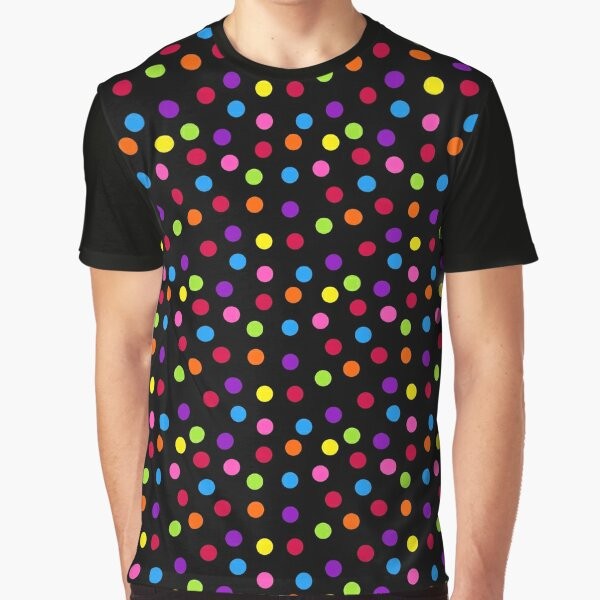 A black t-shirt with a colorful rainbow polka dot pattern graphic design.