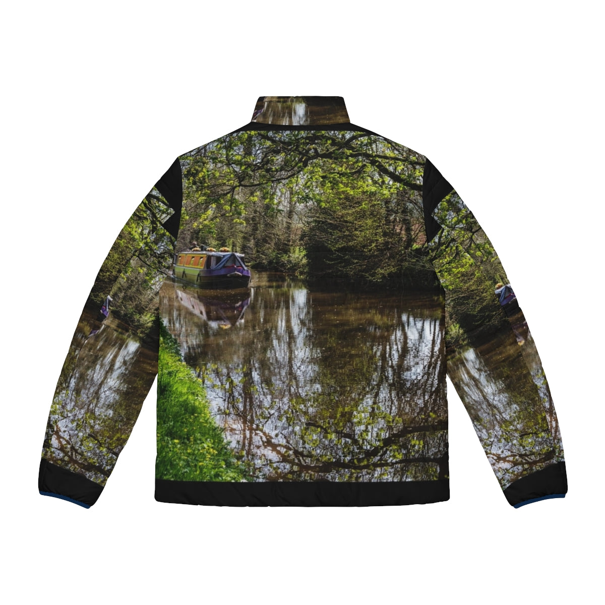 Puffer jacket featuring a scenic canal barge and reflections - Back