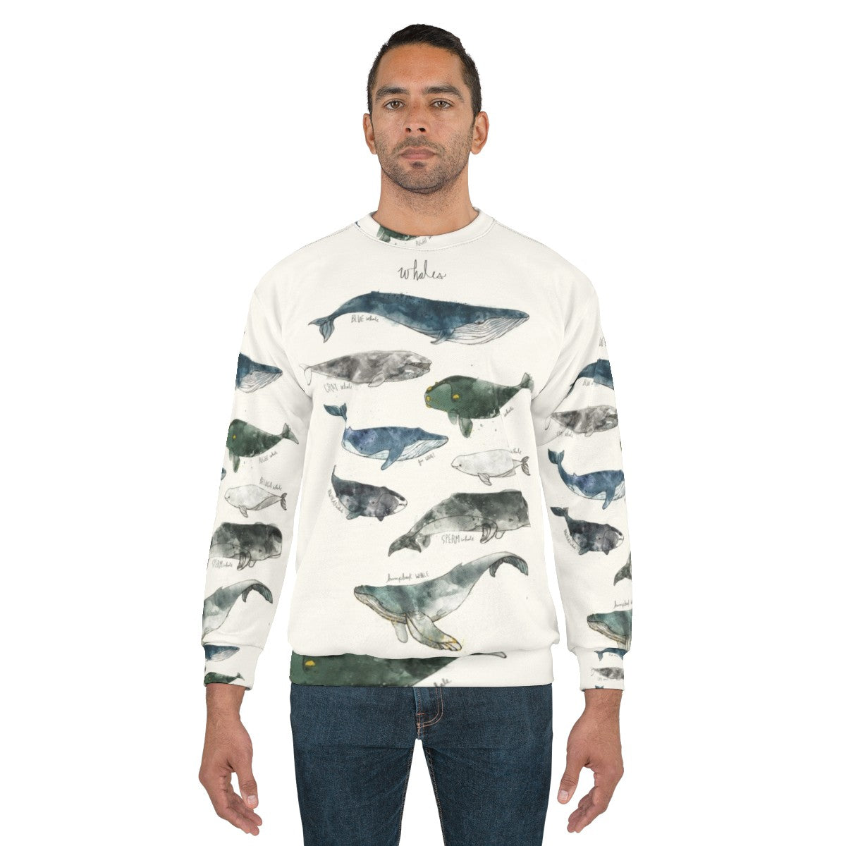 Watercolor whales sweatshirt featuring humpback and beluga whale designs - men