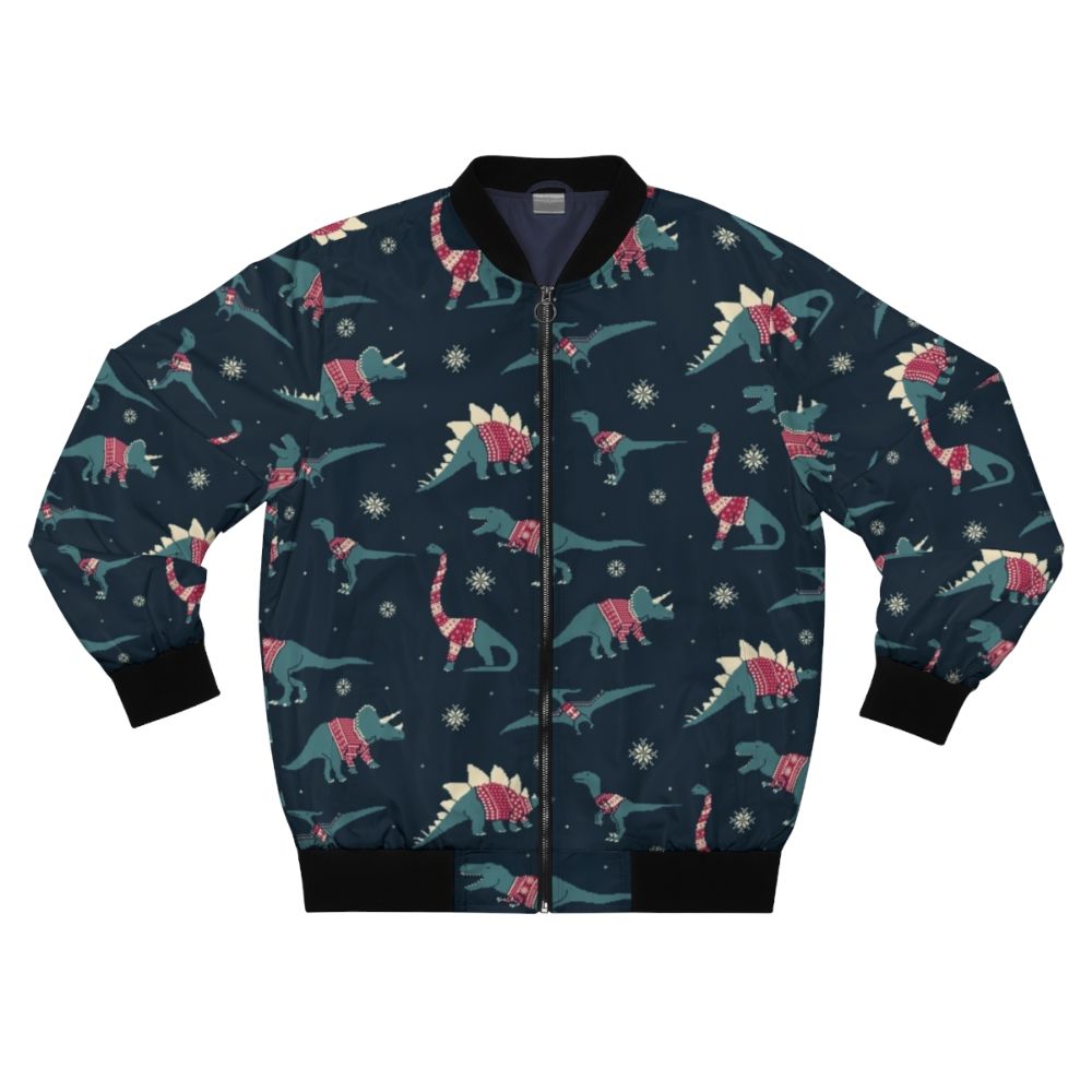 Dino and dinosaur holiday-themed bomber jacket with a cute, pixel art design