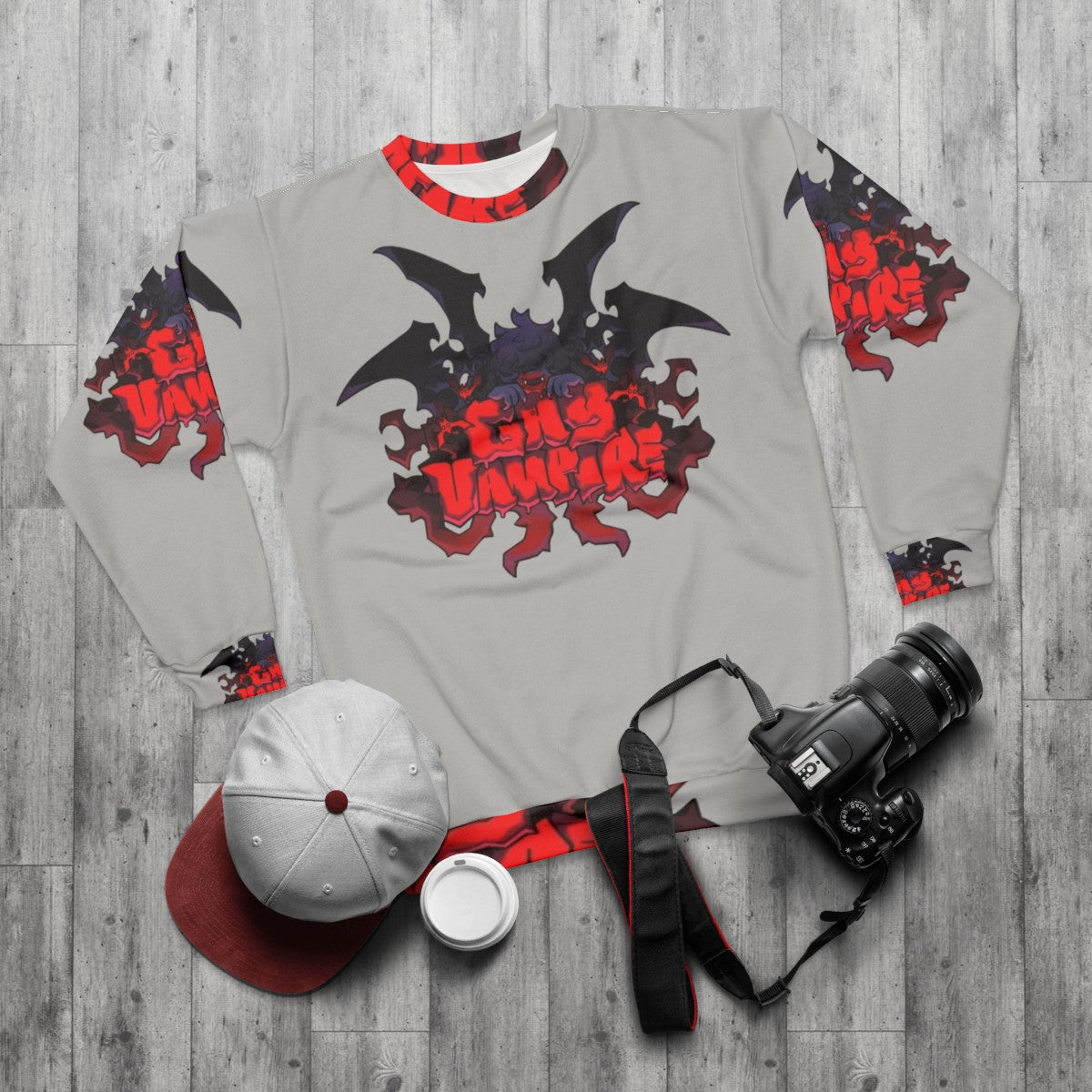 Spooky gay vampire sweatshirt with gothic design - flat lay