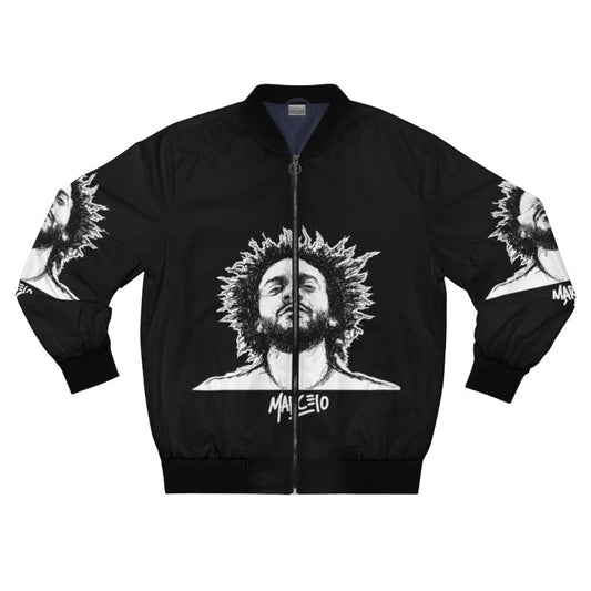 Marcelo Vieira illustration printed on a black bomber jacket