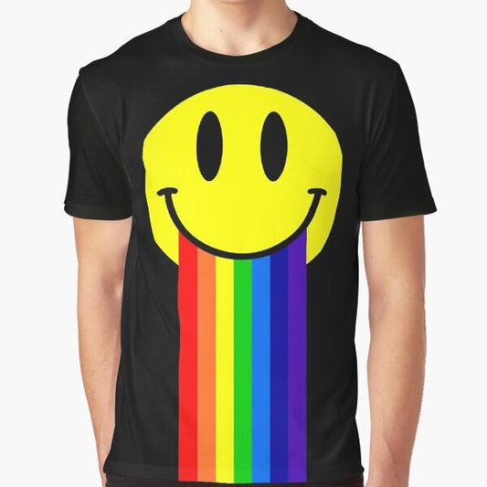 Retro rainbow smiley face emoticon graphic design on a black t-shirt