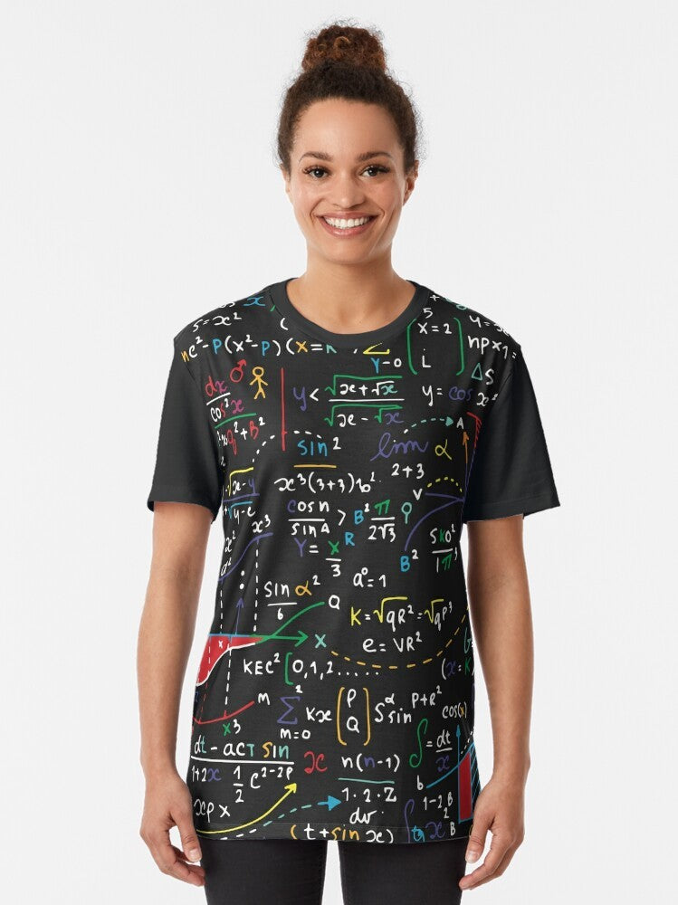 A graphic t-shirt featuring various mathematical shapes, symbols, and formulas. - Women