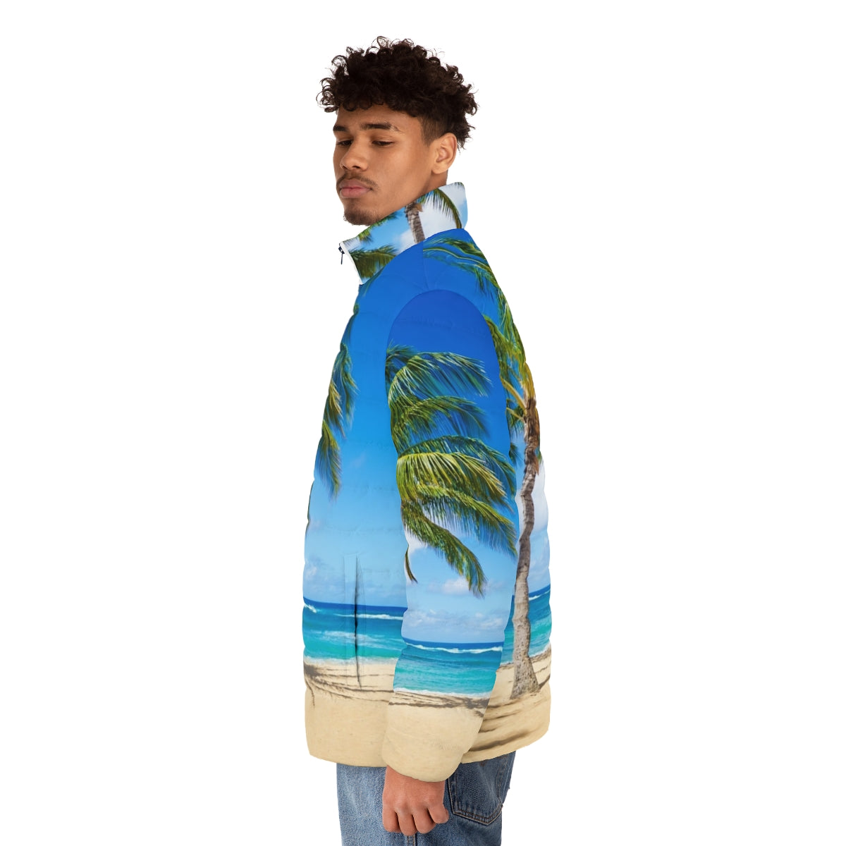 A vibrant puffer jacket featuring a scenic palm tree landscape on a tropical beach in Hawaii - men side left