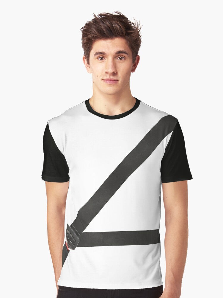 Fake seatbelt graphic t-shirt design with the words "Stay Safe, Live Dangerously" - Men