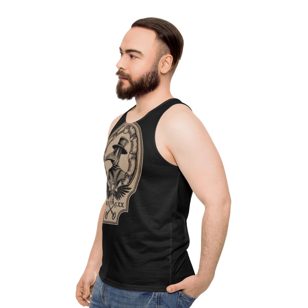 Vintage plague doctor unisex tank top with raven, hourglass, and roman numerals design - men side