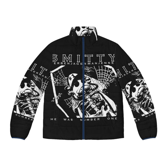 A vintage-inspired puffer jacket with a bold "Smokin' Gun" graphic, perfect for the college crowd or urban subculture.