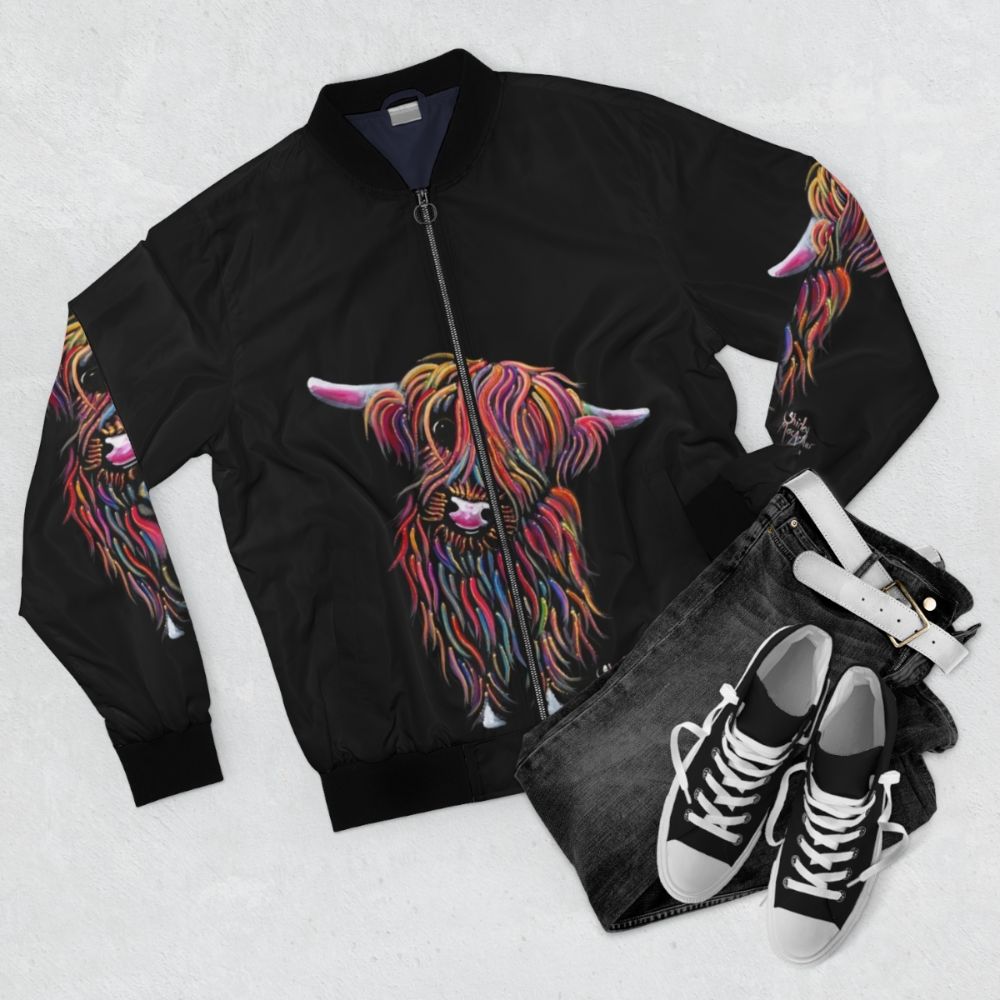 Bomber jacket featuring a vibrant painting of a Scottish Highland Cow named 'BoLLY' by artist Shirley MacArthur - Flat lay