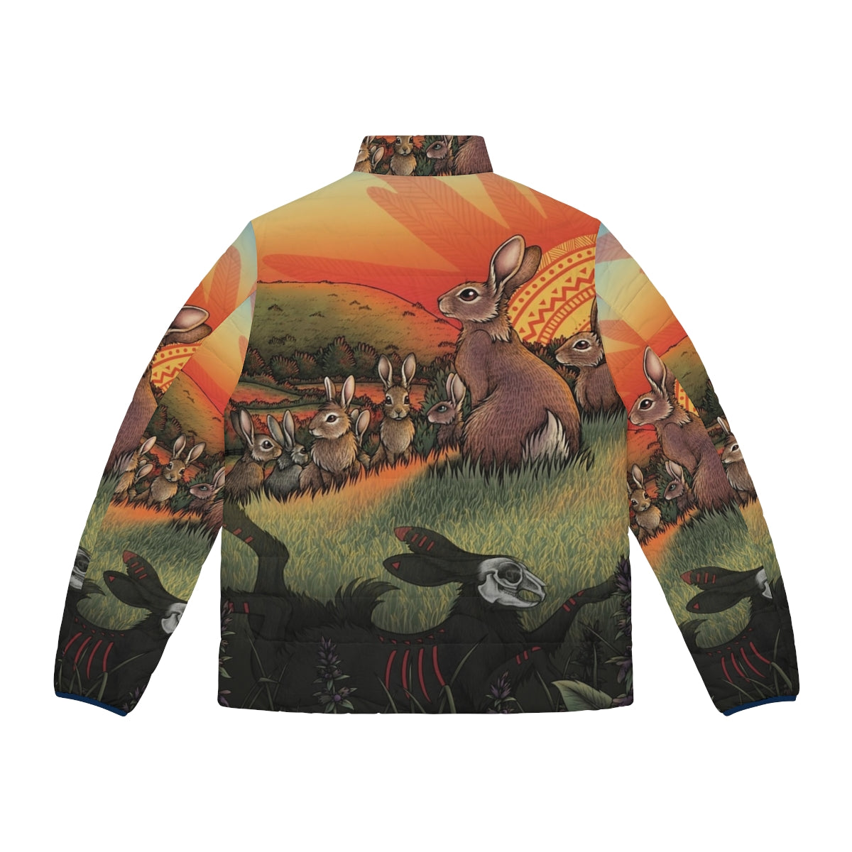 Watership Down inspired puffer jacket with rabbit and nature imagery - Back