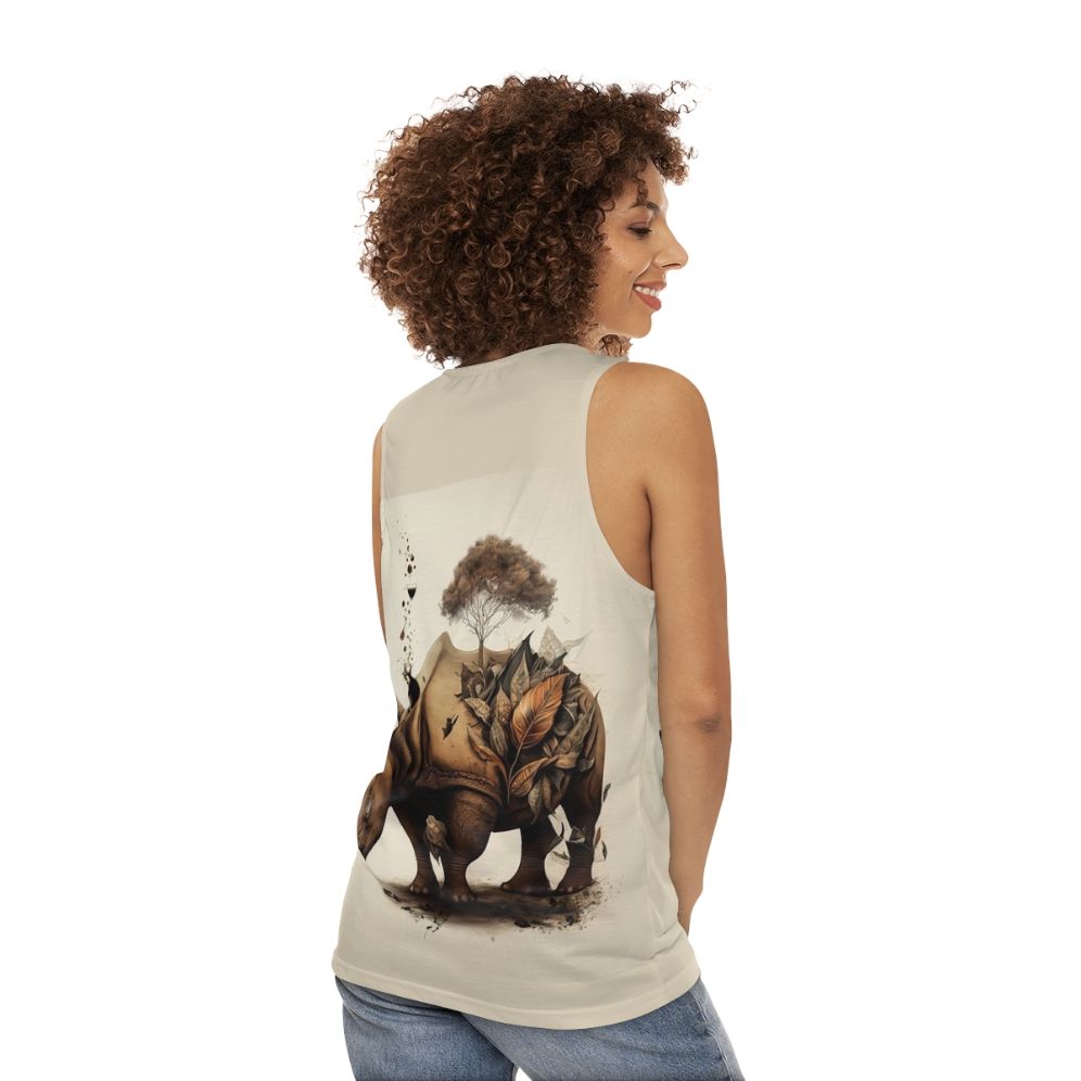 Rhinoceros with floral and botanical graphics on a unisex tank top - women back