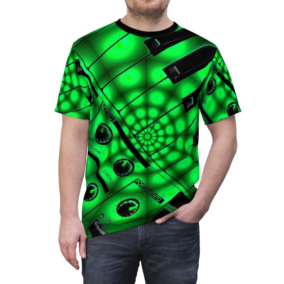 A retro-style t-shirt design featuring a synthesizer keyboard with knobs and filters in a psychedelic, vintage-inspired pattern. - men front