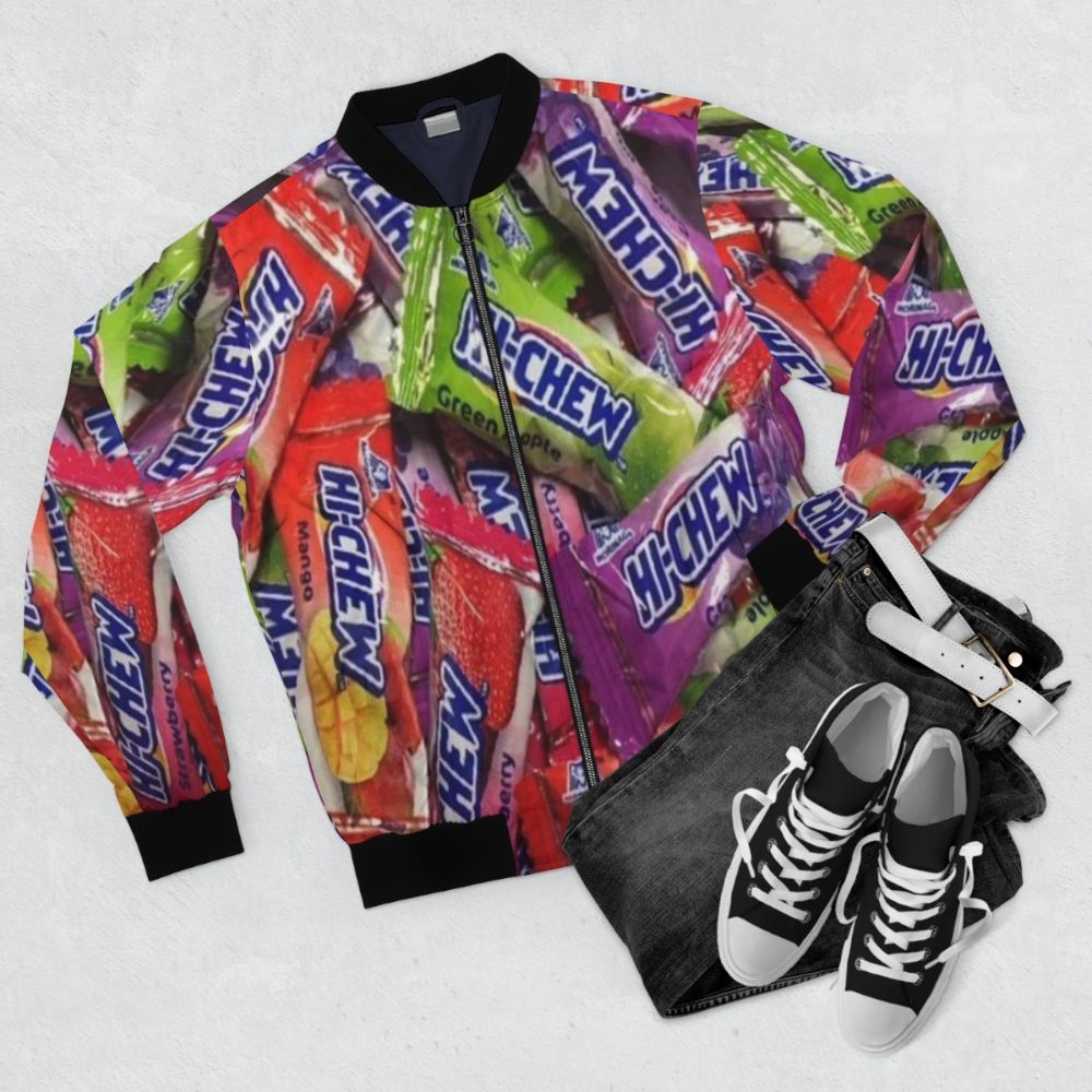 Colorful and flavorful Hi-Chew candy bomber jacket - Flat lay