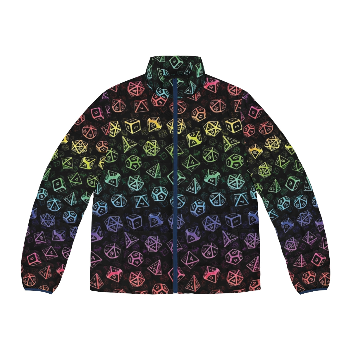 Rainbow-colored d20 dice pattern puffer jacket for tabletop RPG fans